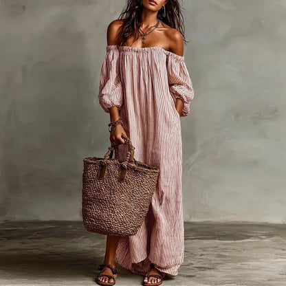 Off Shoulder Striped Boho Maxi Dress Pink / S Jumpsuits & Rompers The Nichole Collection
