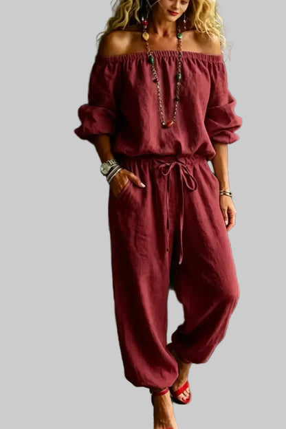 Off-Shoulder Top and Pants Set Burgundy / S The Nichole Collection - Official Site