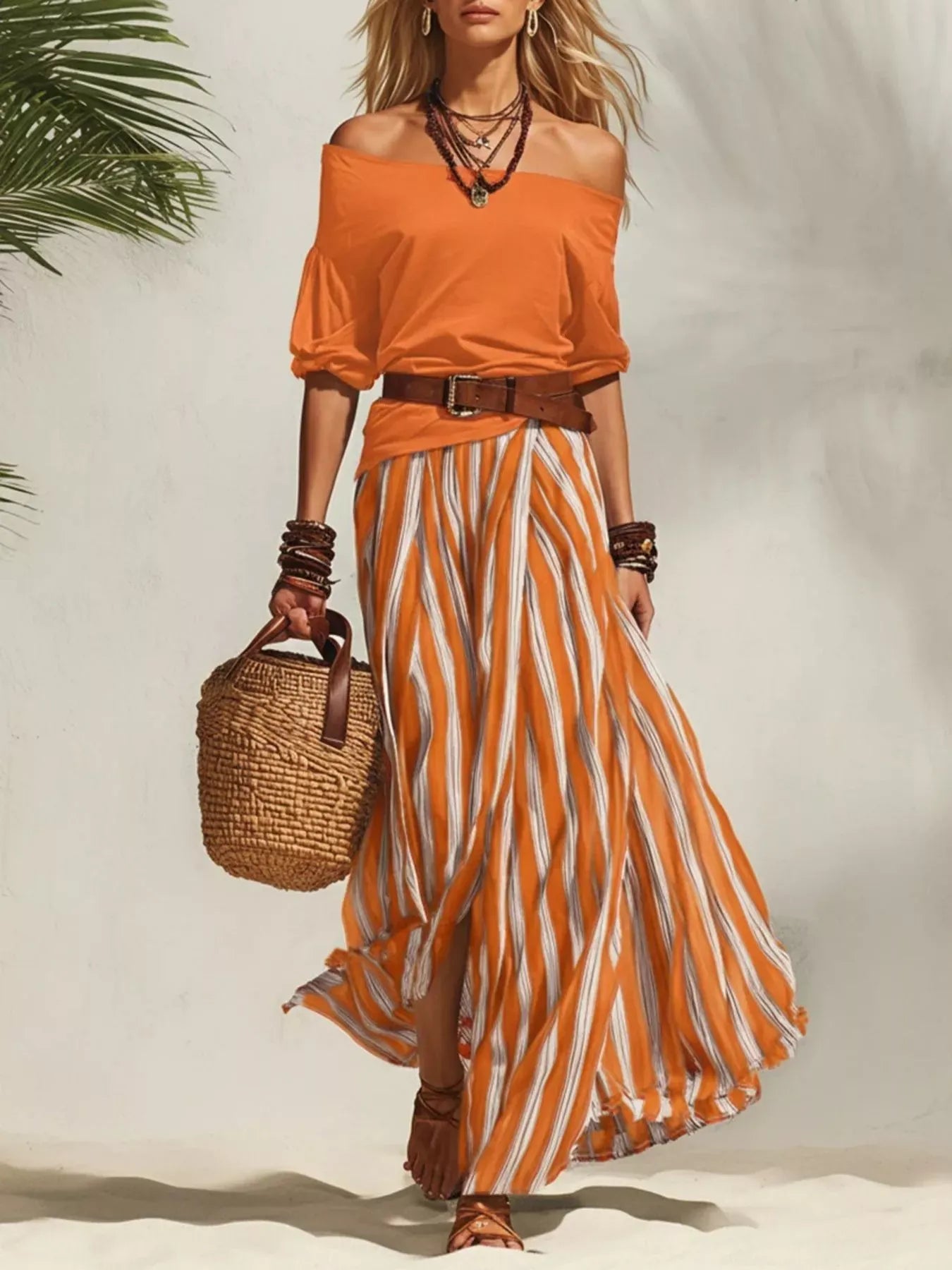 Off Shoulder Top and Striped Maxi Skirt Set Orange / S The Nichole Collection