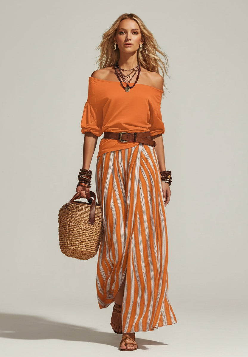 Off Shoulder Top and Striped Maxi Skirt Set Orange / S The Nichole Collection
