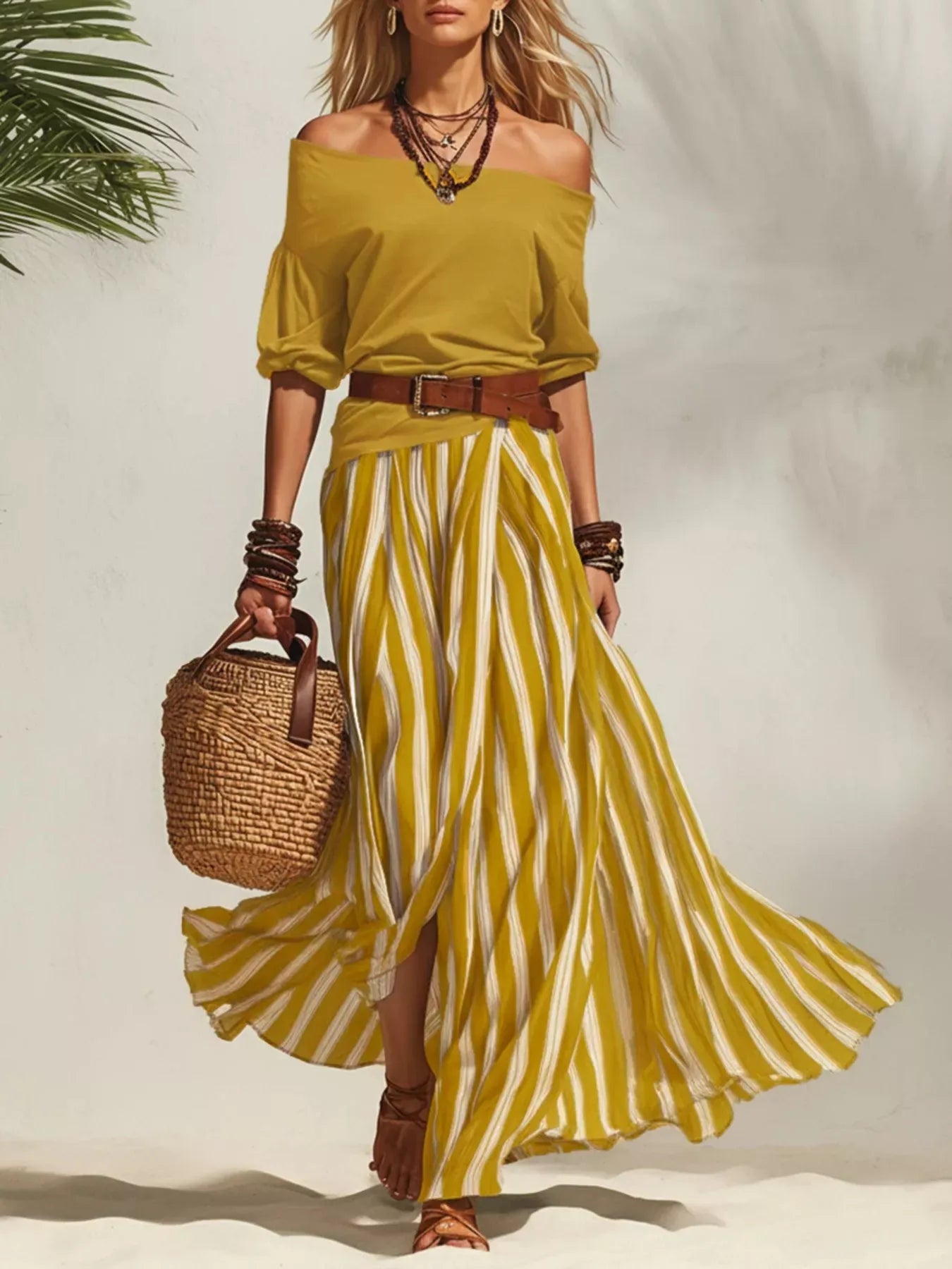 Off Shoulder Top and Striped Maxi Skirt Set Yellow / S The Nichole Collection