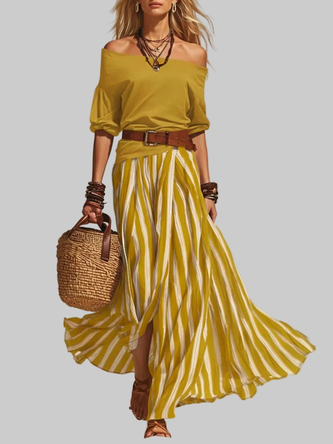 Off Shoulder Top and Striped Maxi Skirt Set Yellow / S The Nichole Collection