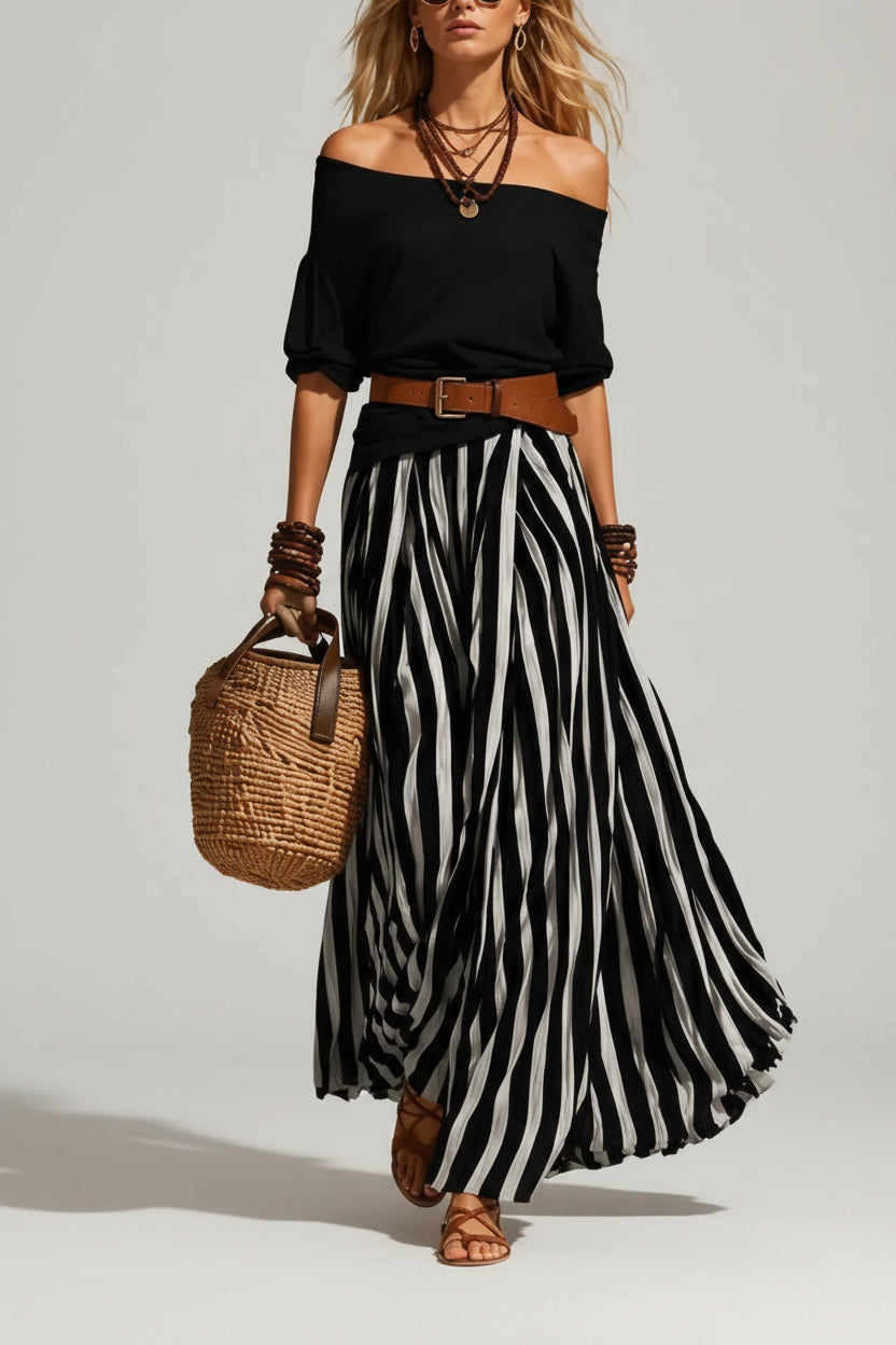 Off Shoulder Top and Striped Maxi Skirt Set Black / S The Nichole Collection