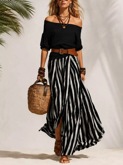 Off Shoulder Top and Striped Maxi Skirt Set Black / S The Nichole Collection