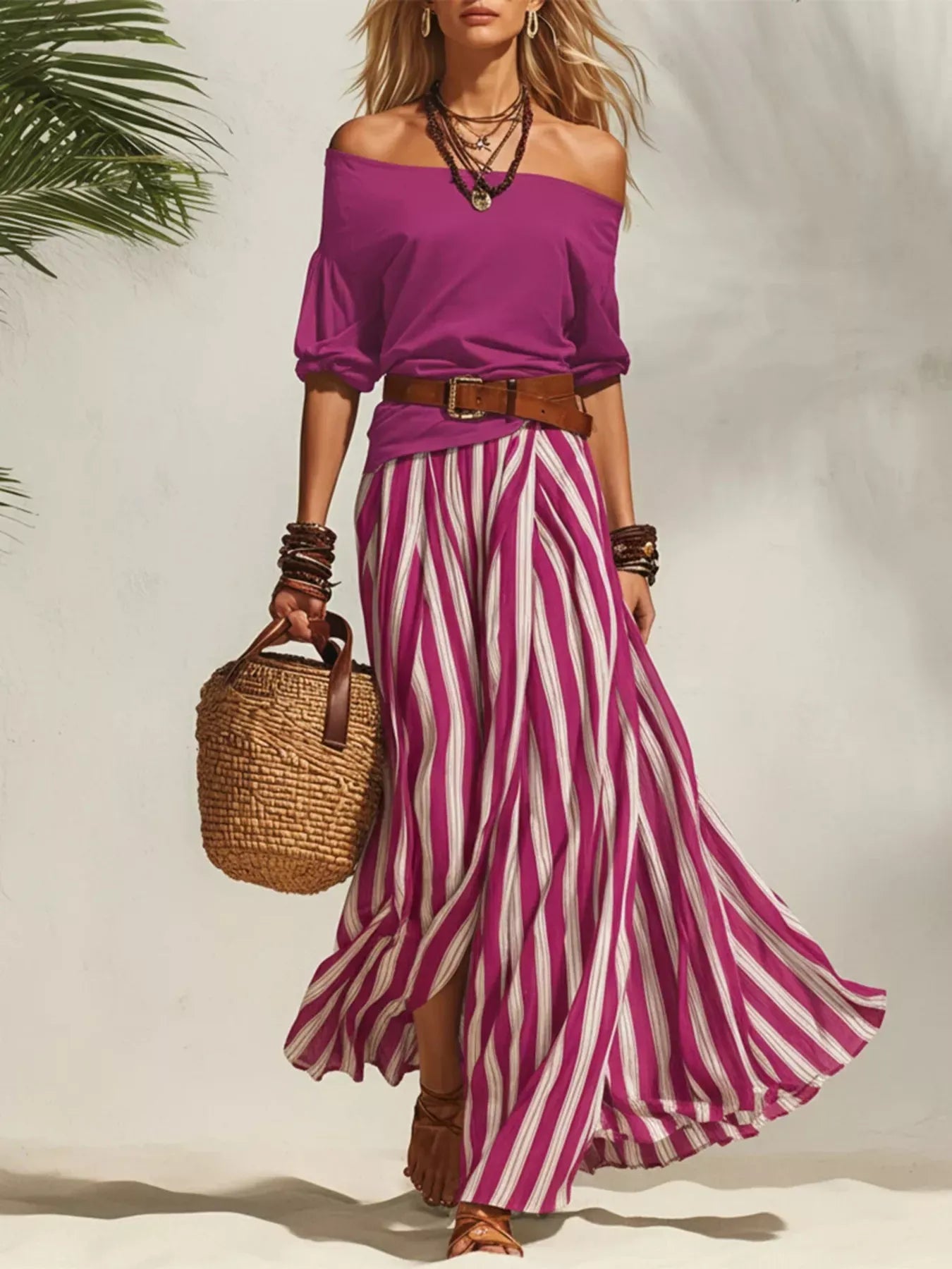 Off Shoulder Top and Striped Maxi Skirt Set Red / S The Nichole Collection