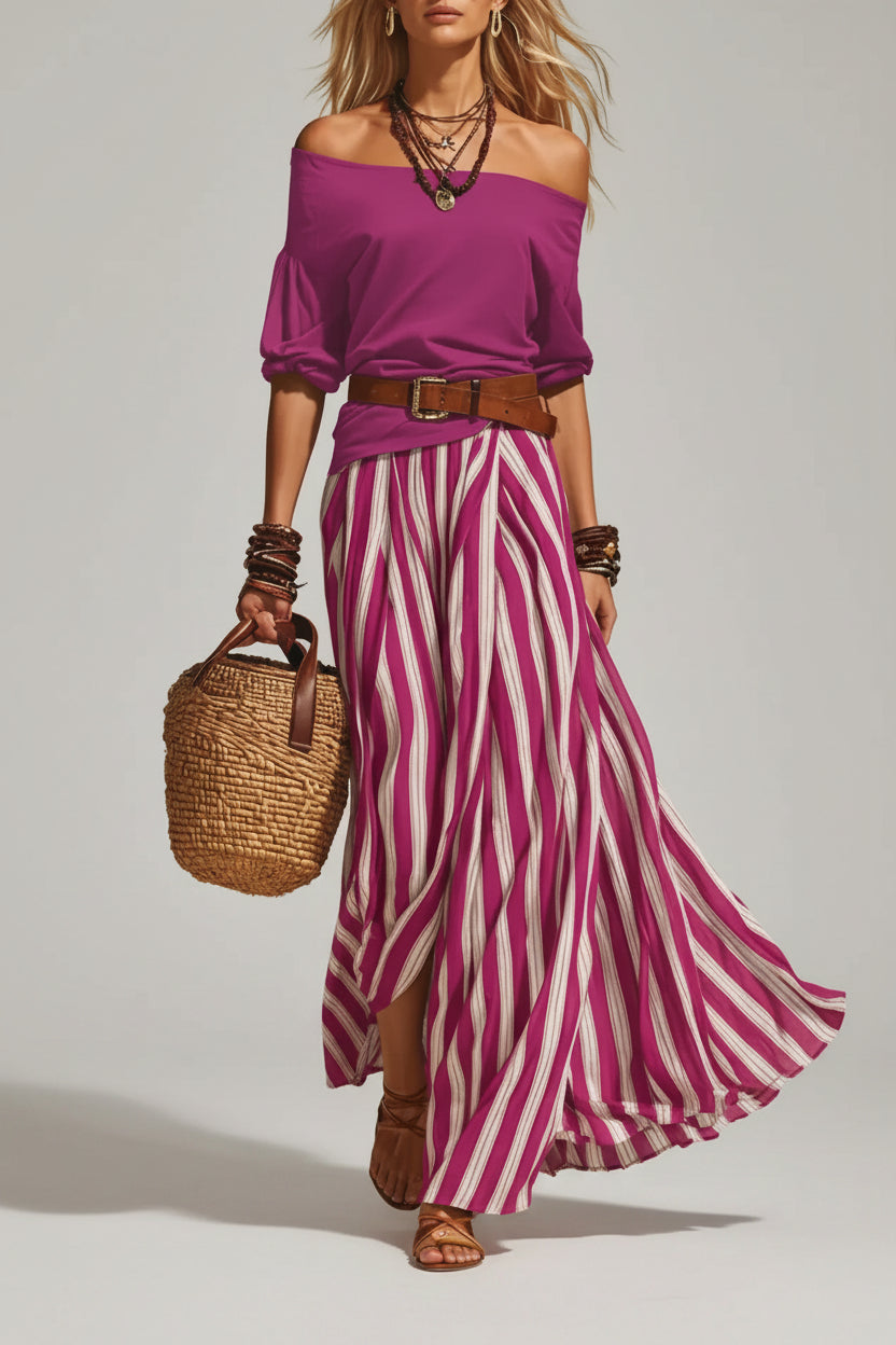 Off Shoulder Top and Striped Maxi Skirt Set Red / S The Nichole Collection