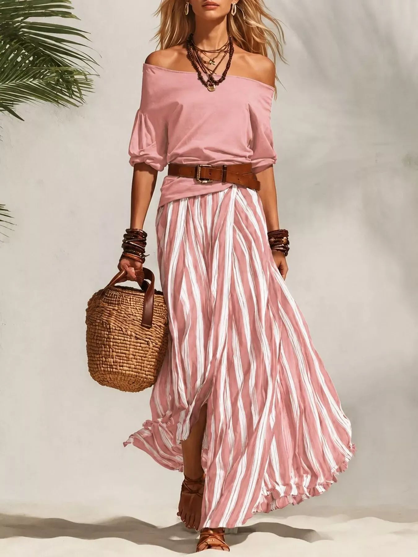 Off Shoulder Top and Striped Maxi Skirt Set Pink / S The Nichole Collection