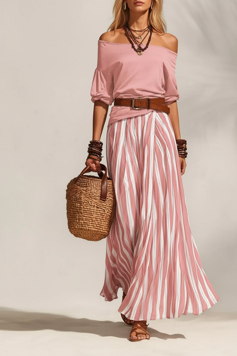 Off Shoulder Top and Striped Maxi Skirt Set Pink / S The Nichole Collection