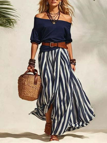 Off Shoulder Top and Striped Maxi Skirt Set Navy / S The Nichole Collection