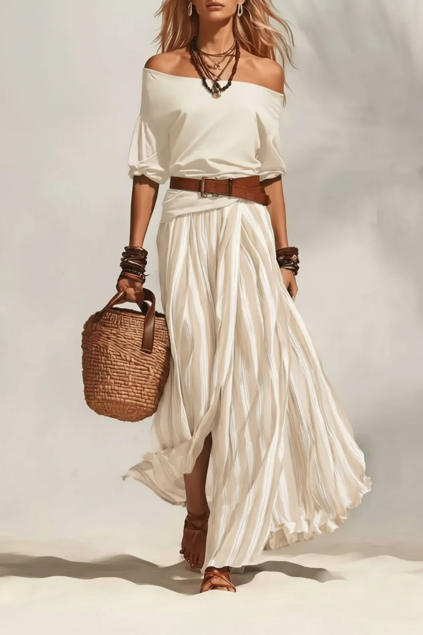 Off Shoulder Top and Striped Maxi Skirt Set Ivory / S The Nichole Collection