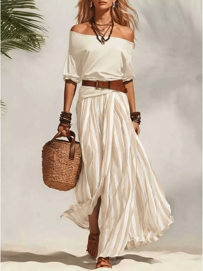 Off Shoulder Top and Striped Maxi Skirt Set Ivory / S The Nichole Collection