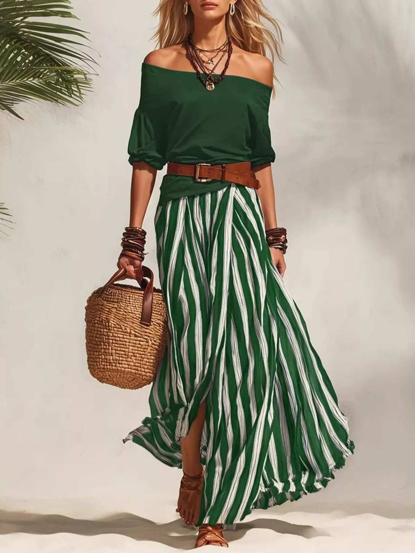 Off Shoulder Top and Striped Maxi Skirt Set Green / S The Nichole Collection