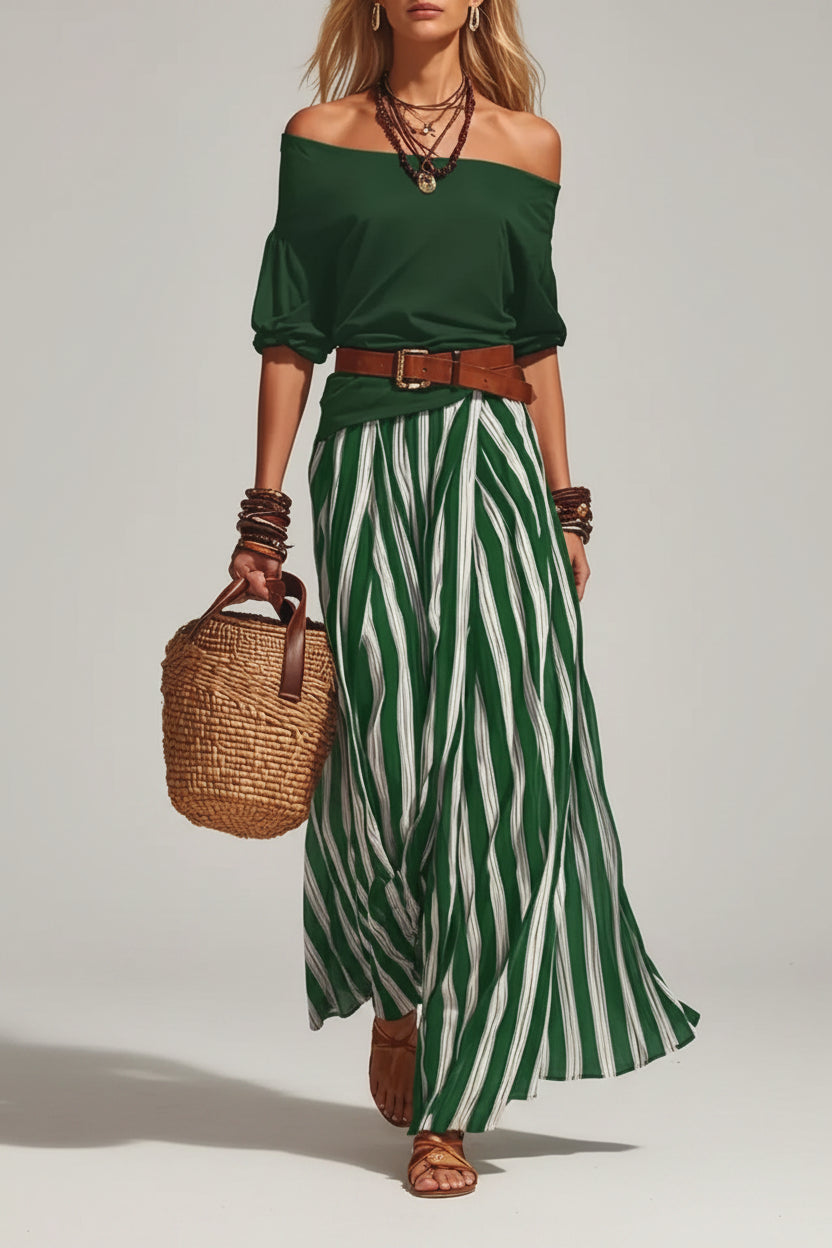 Off Shoulder Top and Striped Maxi Skirt Set Green / S The Nichole Collection