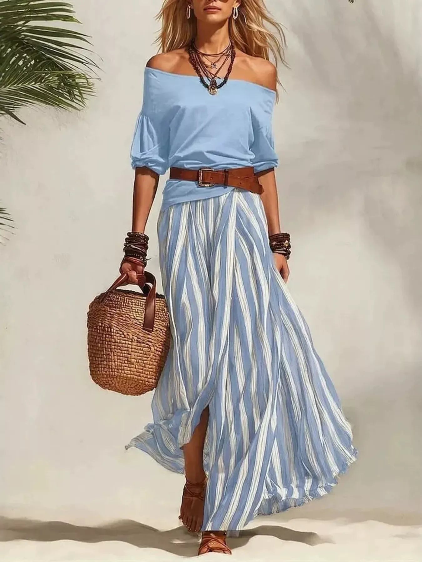Off Shoulder Top and Striped Maxi Skirt Set Sky Blue / S The Nichole Collection