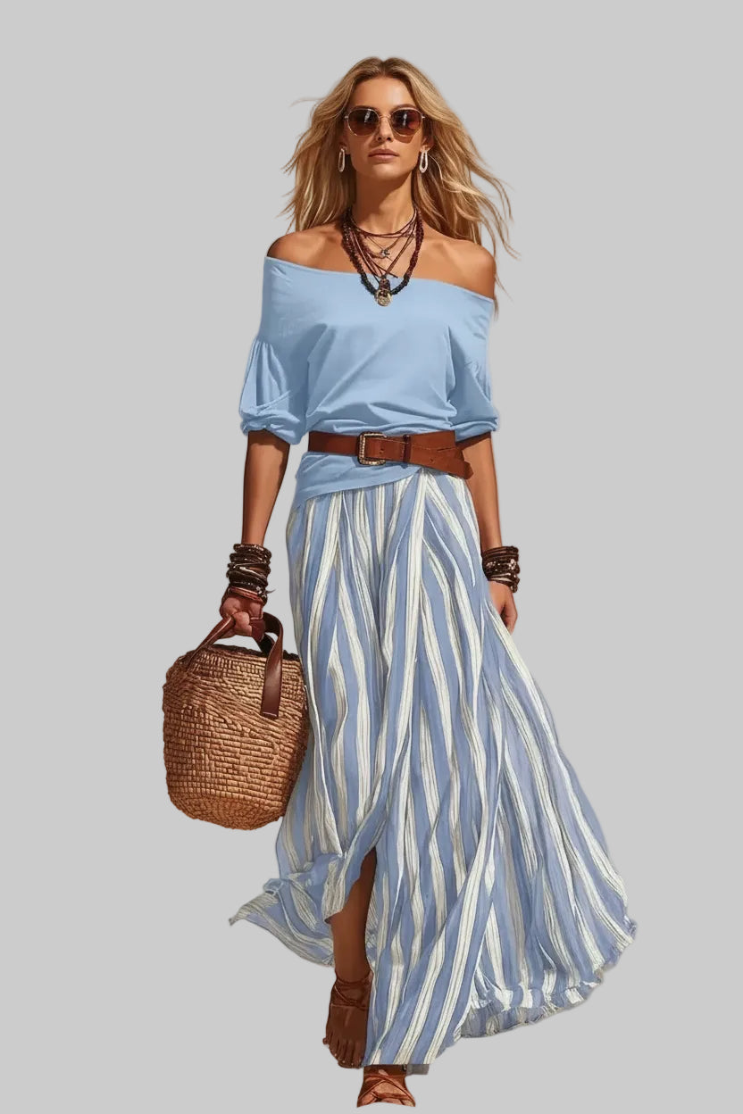 Off Shoulder Top and Striped Maxi Skirt Set Sky Blue / S The Nichole Collection