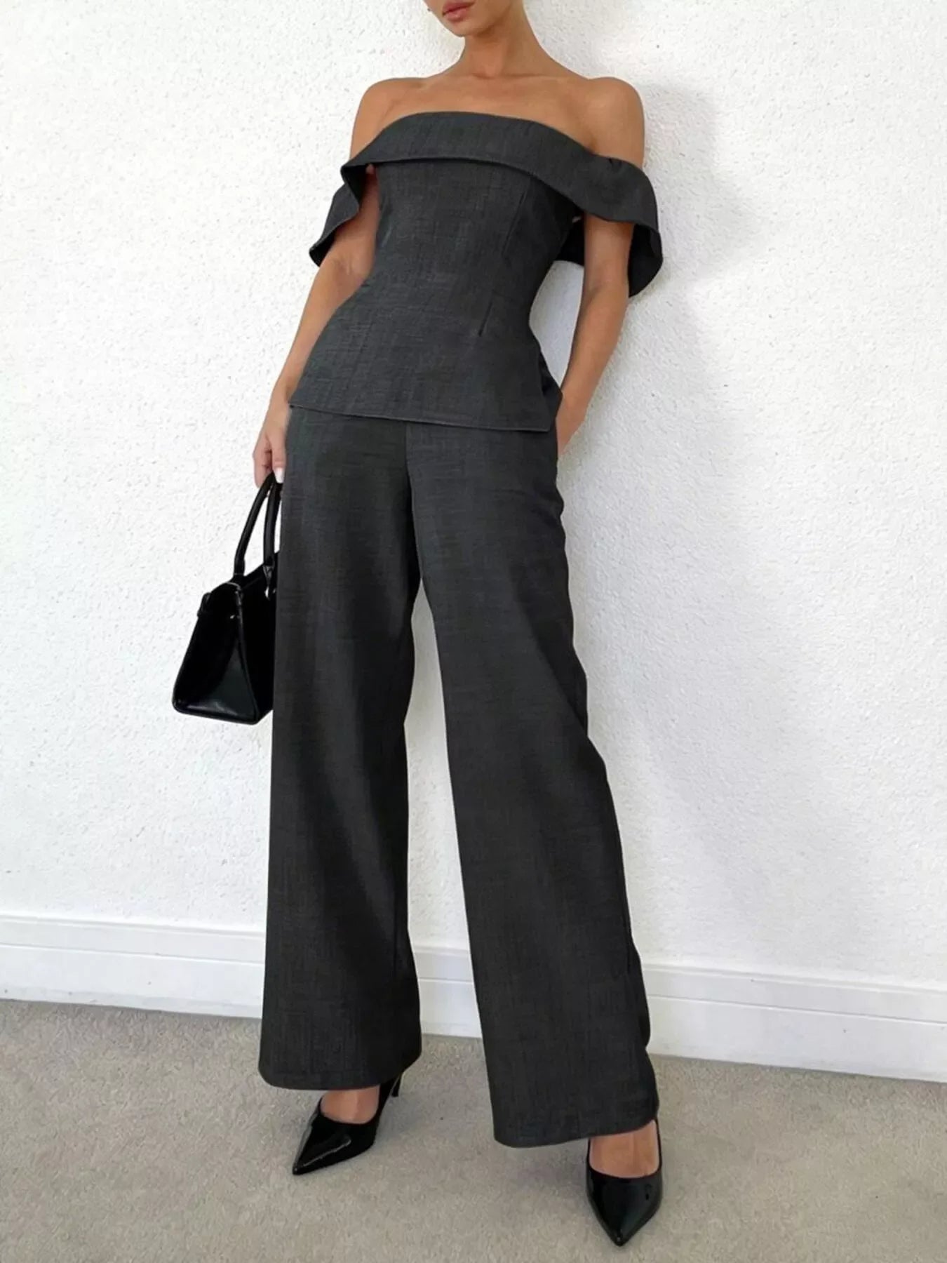 Off-Shoulder Top and Wide-Leg Pants Set Dark Gray / XS The Nichole Collection - Official Site