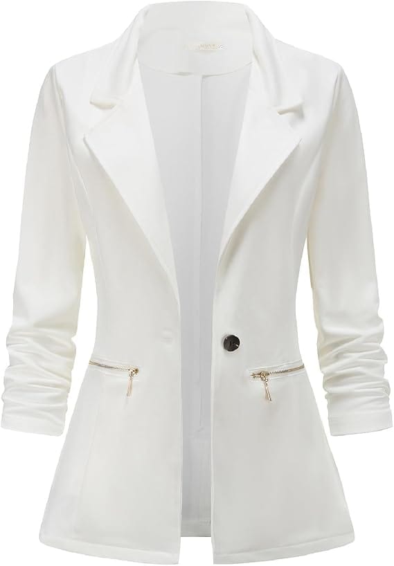 Long Sleeve Open Front Blazer with Gold Zipper Pockets