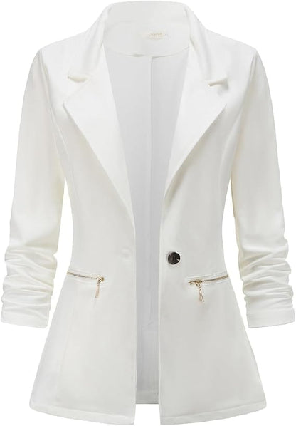 Long Sleeve Open Front Blazer with Gold Zipper Pockets
