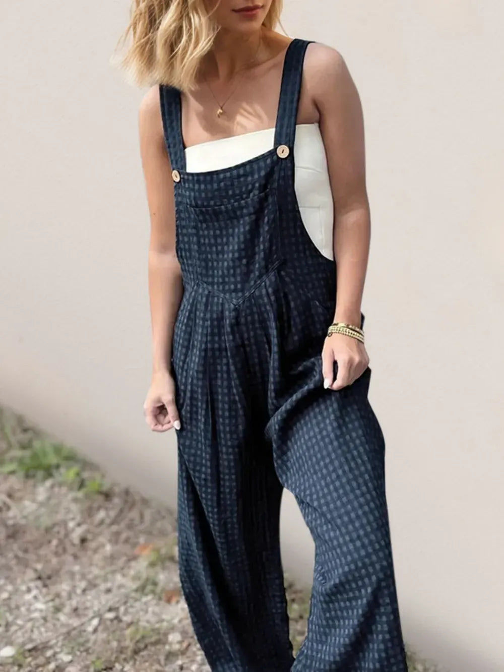 Oh Full Size Plaid Wide Leg Overalls with Pockets Peacock  Blue / S The Nichole Collection