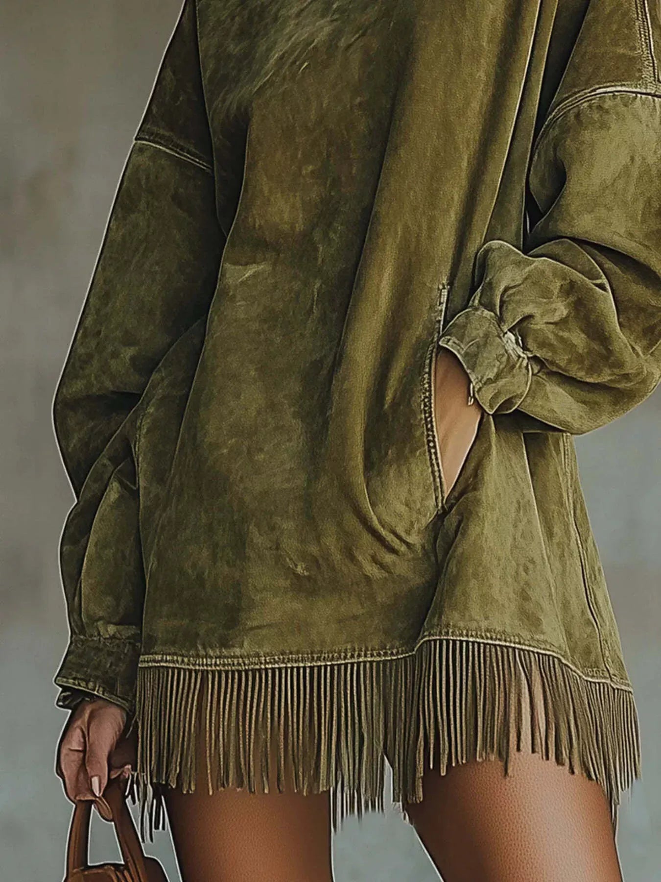 Olive Fringe Mock Neck Tunic Dress Dresses The Nichole Collection