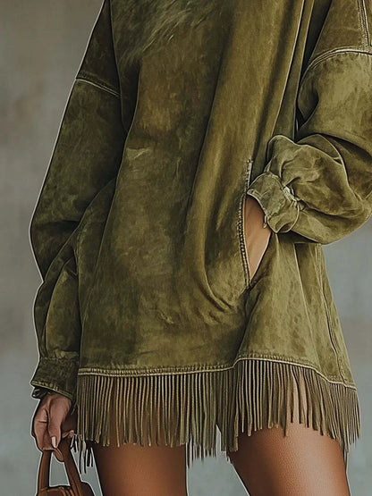 Olive Fringe Mock Neck Tunic Dress Dresses The Nichole Collection
