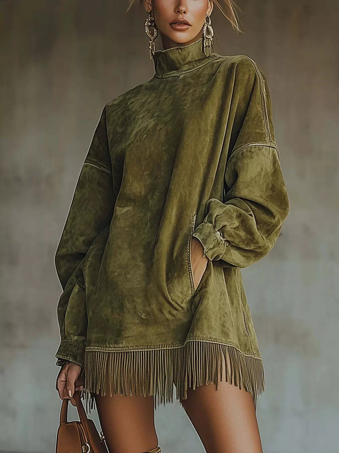 Olive Fringe Mock Neck Tunic Dress Dresses The Nichole Collection