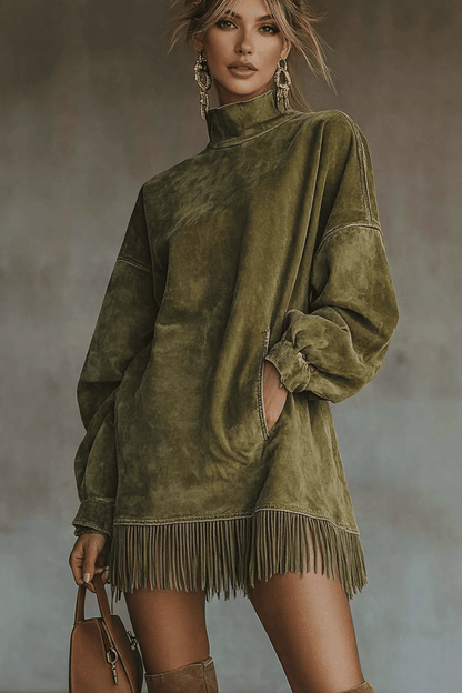 Olive Fringe Mock Neck Tunic Dress Dresses Olive / S The Nichole Collection