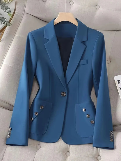 One-Button Blazer with Pockets - Blue / S