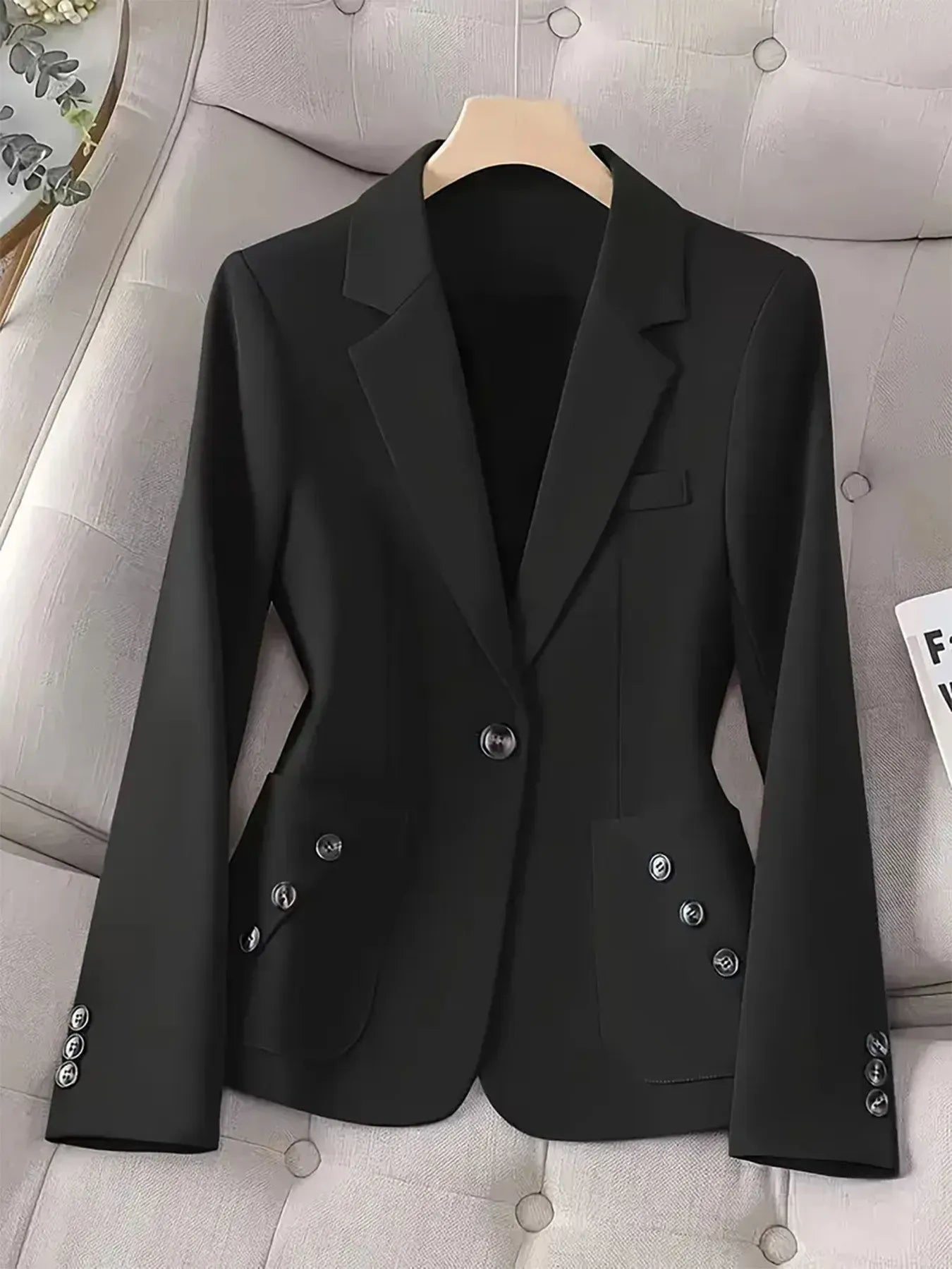 One-Button Blazer with Pockets - Black / S