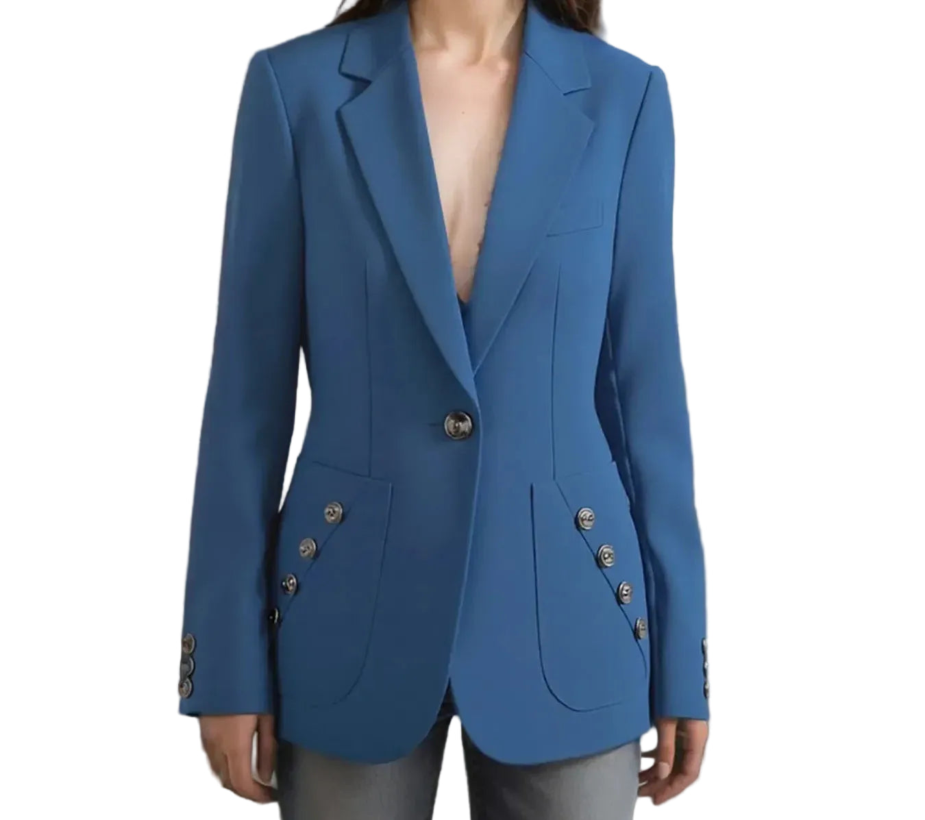 One-Button Blazer with Pockets - Blue / S