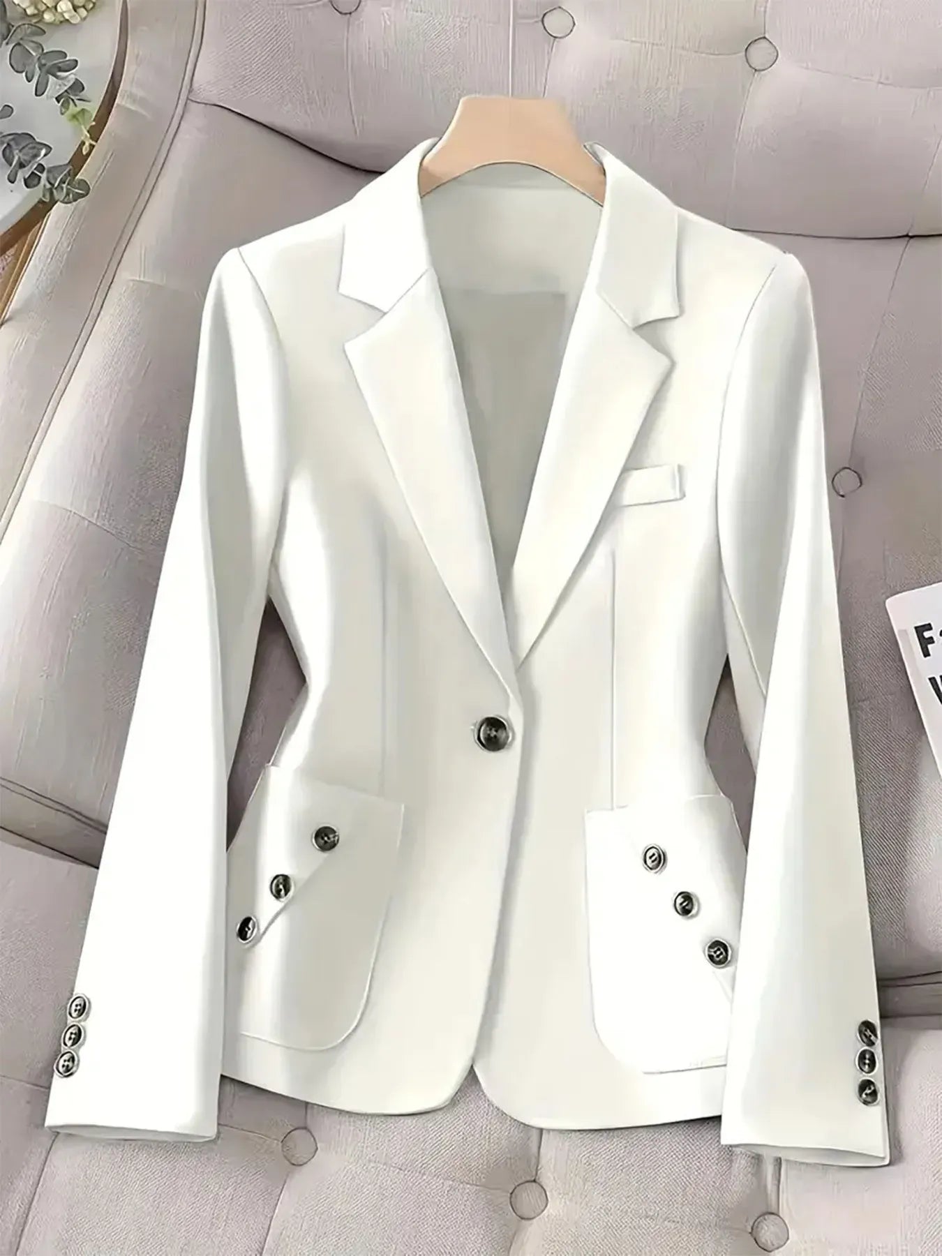One-Button Blazer with Pockets - White / S