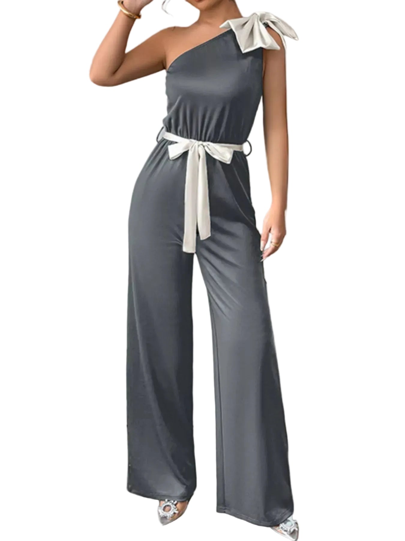 One-Shoulder Bowknot Wide Leg Jumpsuit Gray / S The Nichole Collection