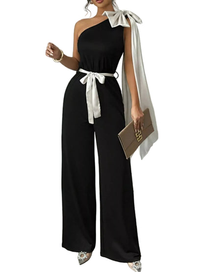 One-Shoulder Bowknot Wide Leg Jumpsuit Black / S The Nichole Collection