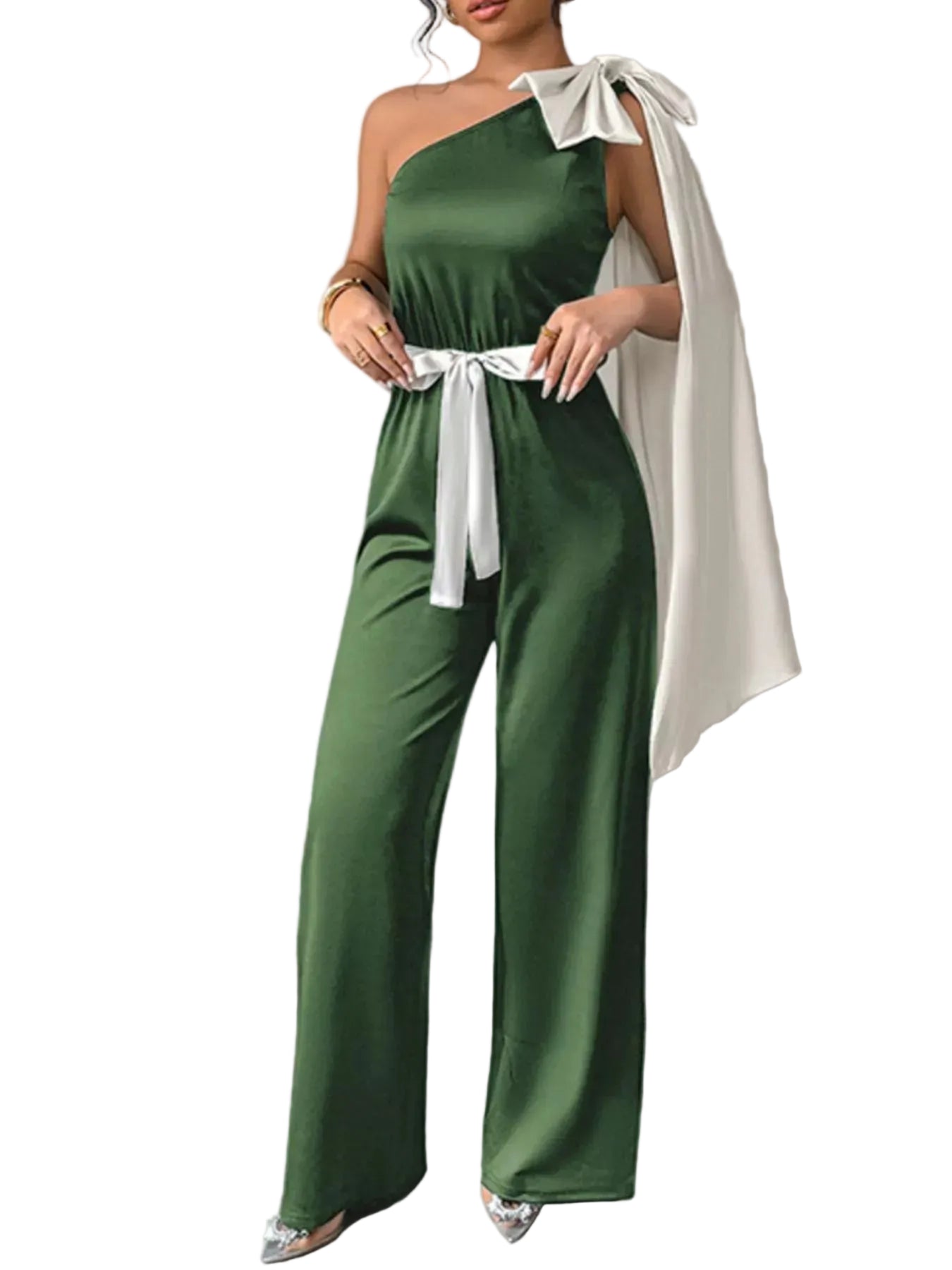 One-Shoulder Bowknot Wide Leg Jumpsuit Green / S The Nichole Collection
