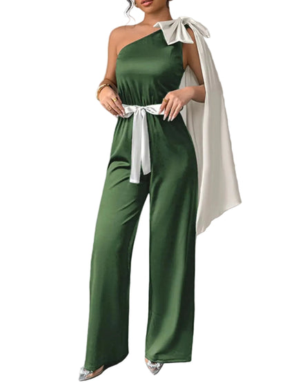 One-Shoulder Bowknot Wide Leg Jumpsuit Green / S The Nichole Collection