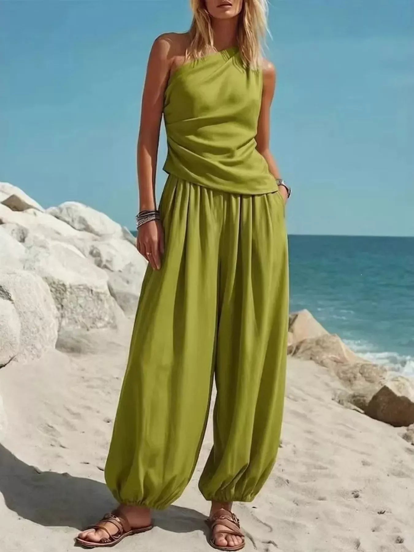One-Shoulder Top and Wide-Leg Pants Set Green / S The Nichole Collection