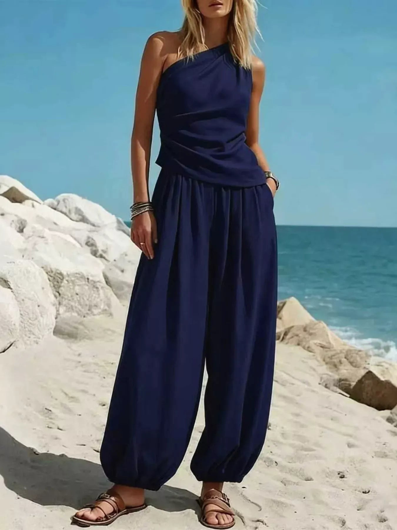 One-Shoulder Top and Wide-Leg Pants Set Navy / S The Nichole Collection