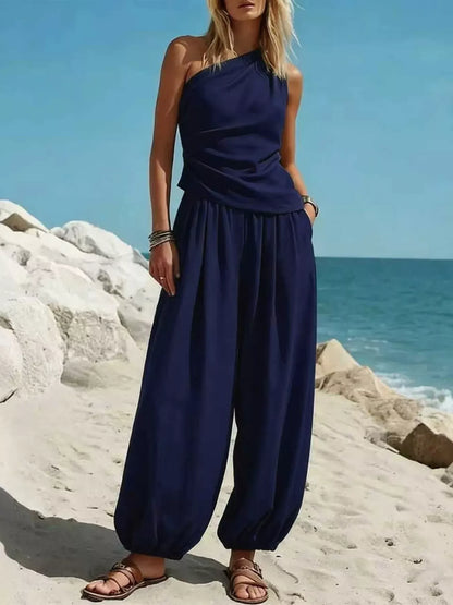 One-Shoulder Top and Wide-Leg Pants Set Navy / S The Nichole Collection