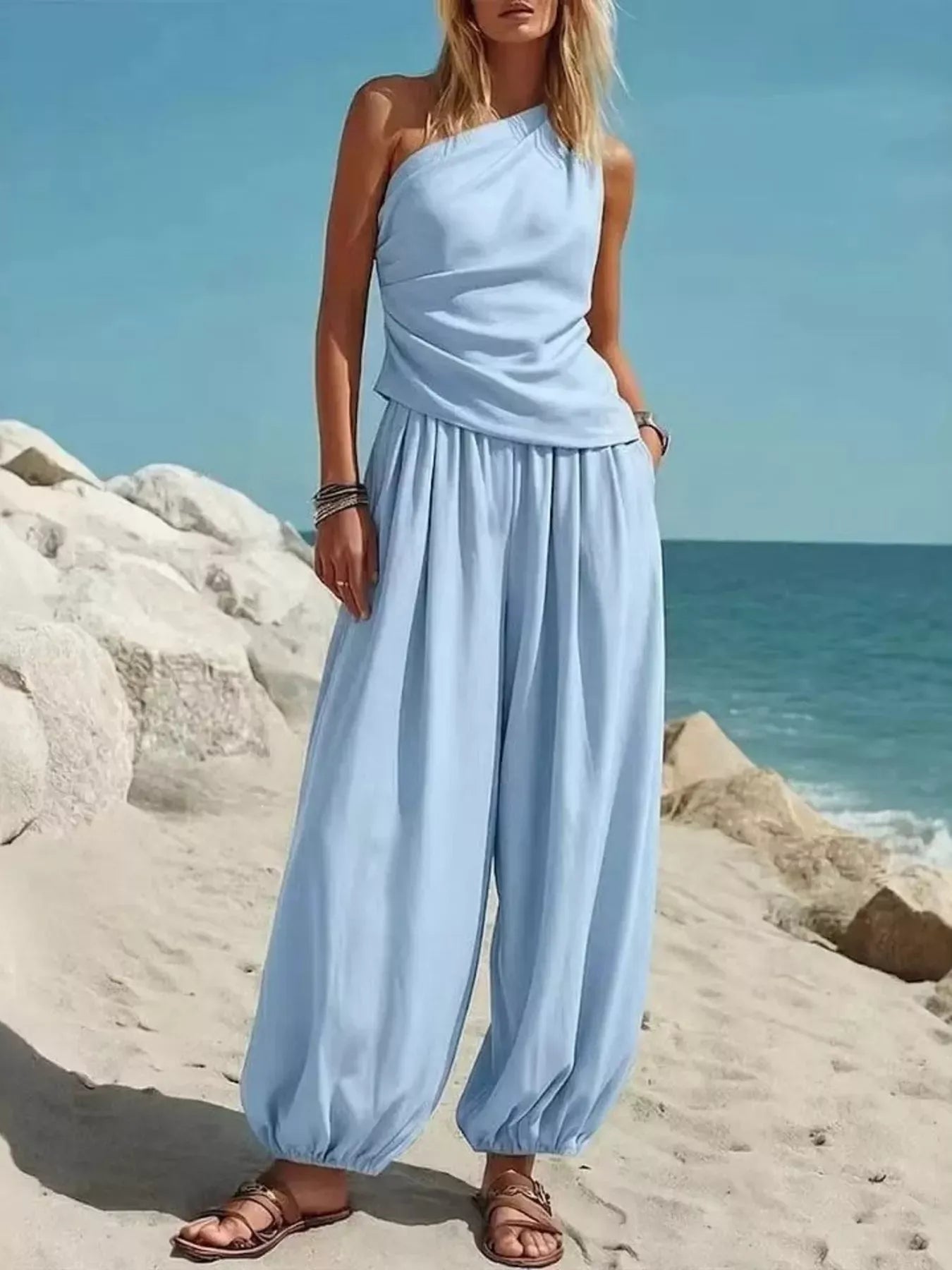 One-Shoulder Top and Wide-Leg Pants Set Light Blue / S The Nichole Collection