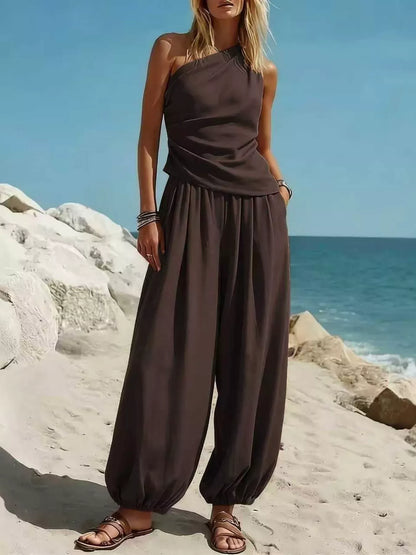 One-Shoulder Top and Wide-Leg Pants Set Brown / S The Nichole Collection