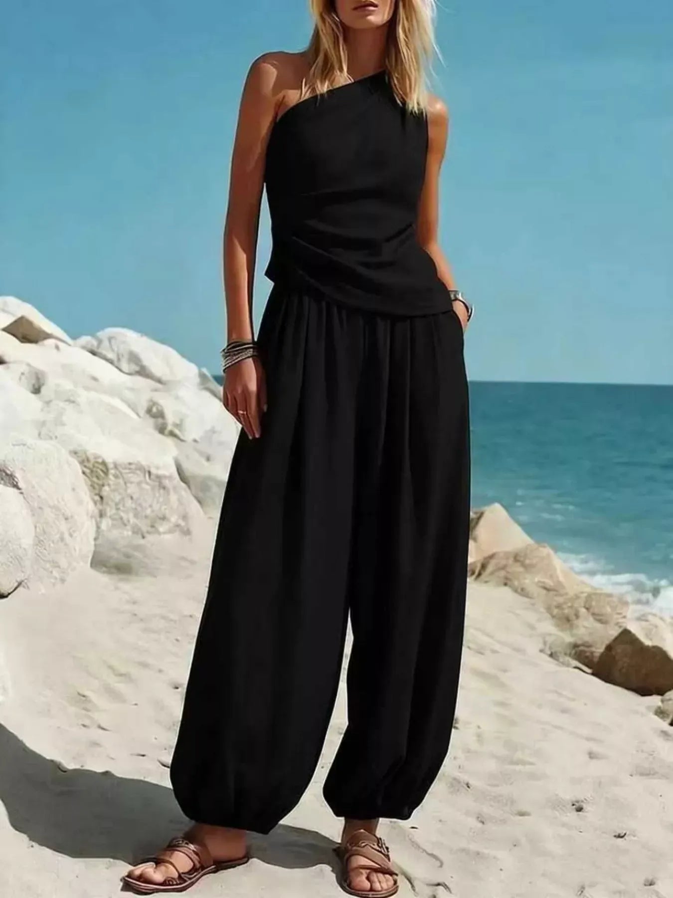 One-Shoulder Top and Wide-Leg Pants Set Black / S The Nichole Collection