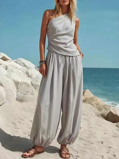 One-Shoulder Top and Wide-Leg Pants Set Gray / S The Nichole Collection