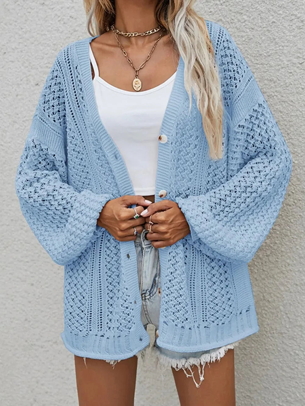 Openwork Button Front Cardigan Sweaters Sky Blue / S The Nichole Collection