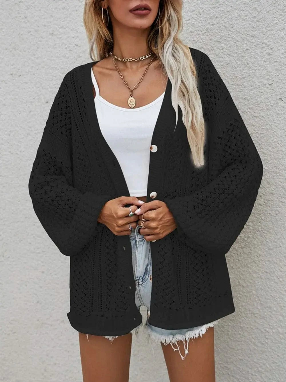 Openwork Button Front Cardigan Sweaters The Nichole Collection