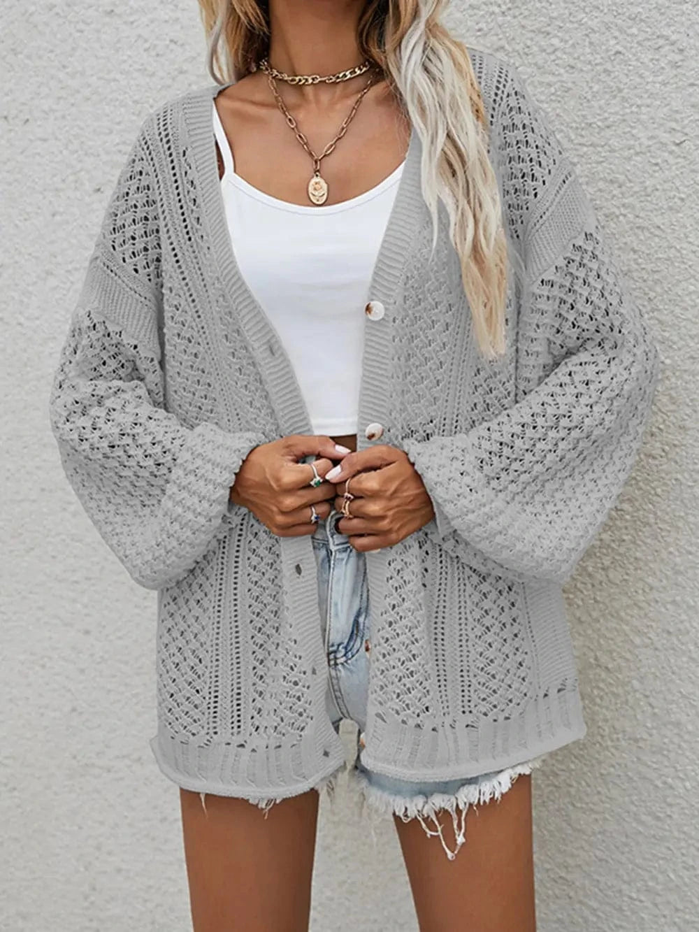Openwork Button Front Cardigan Sweaters Cloudy Blue / S The Nichole Collection