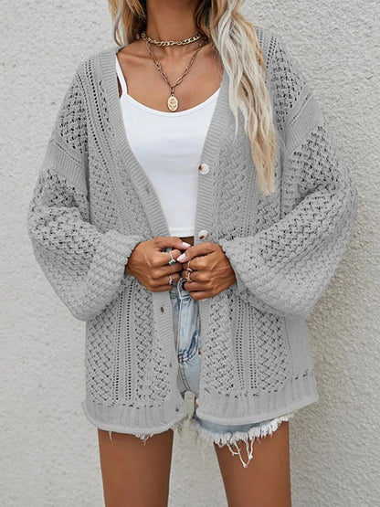 Openwork Button Front Cardigan Sweaters Cloudy Blue / S The Nichole Collection