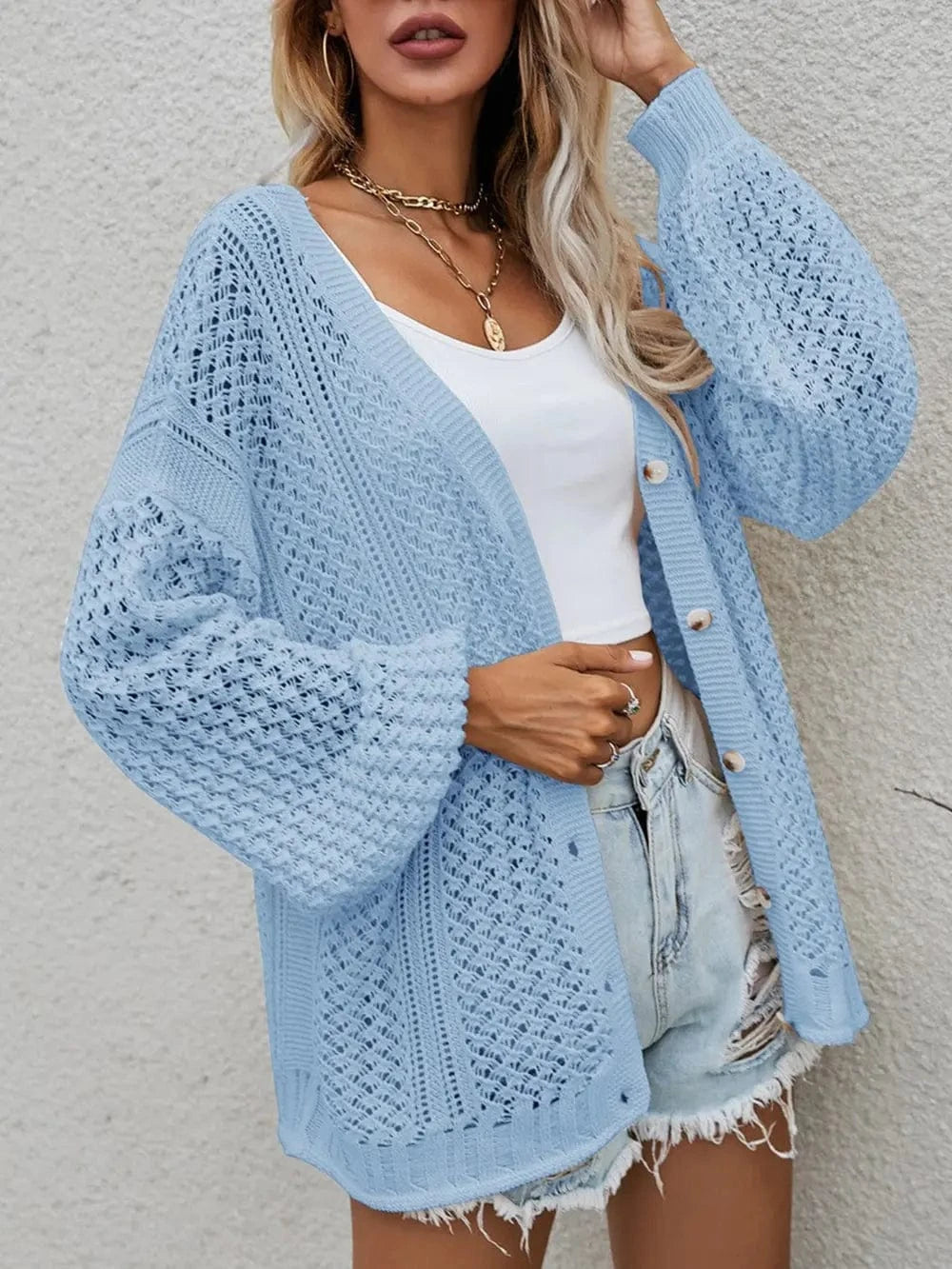 Openwork Button Front Cardigan Sweaters The Nichole Collection