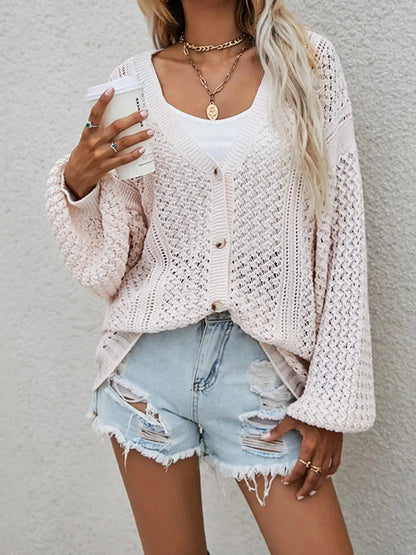 Openwork Button Front Cardigan Sweaters Cream / S The Nichole Collection