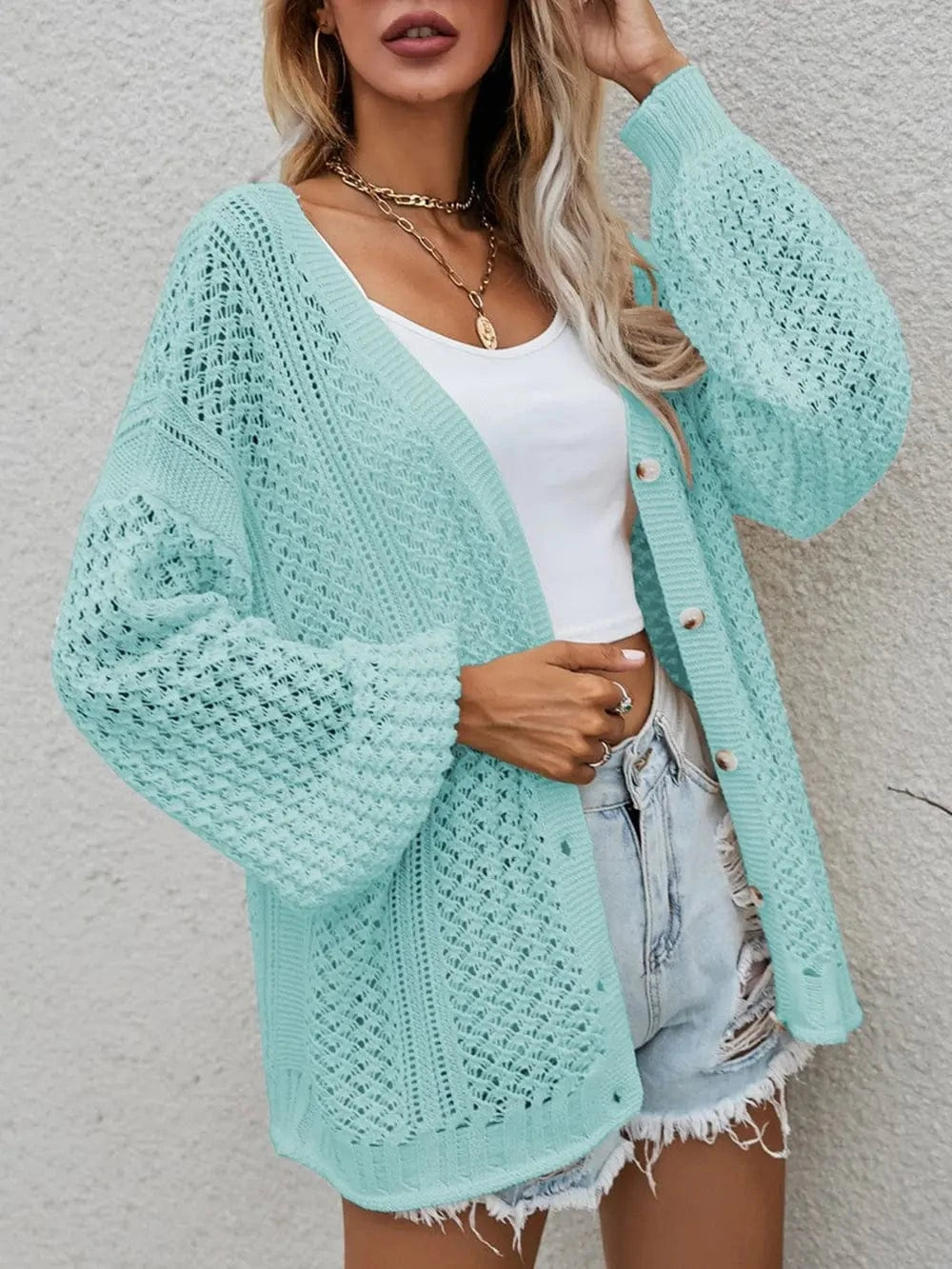 Openwork Button Front Cardigan Sweaters The Nichole Collection