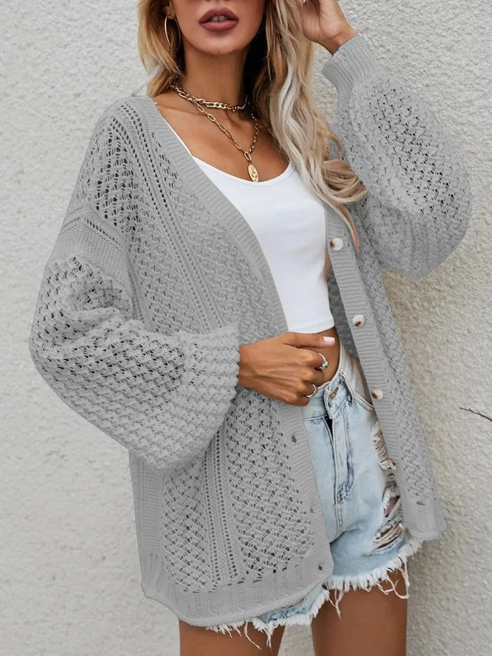 Openwork Button Front Cardigan Sweaters The Nichole Collection